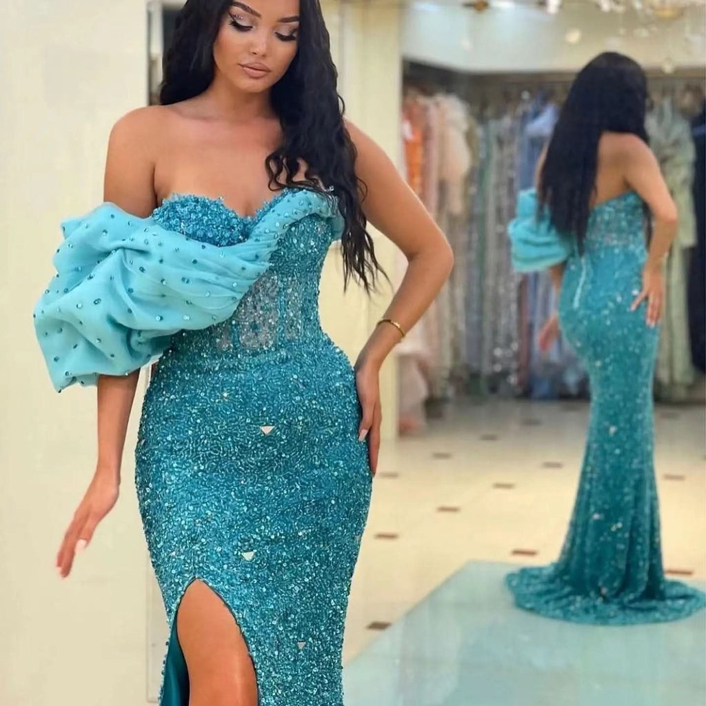 Gorgeous Off-The-Shoulder One Shoulder Sweetheart Mermaid Evening Dress with Sequins BM bride