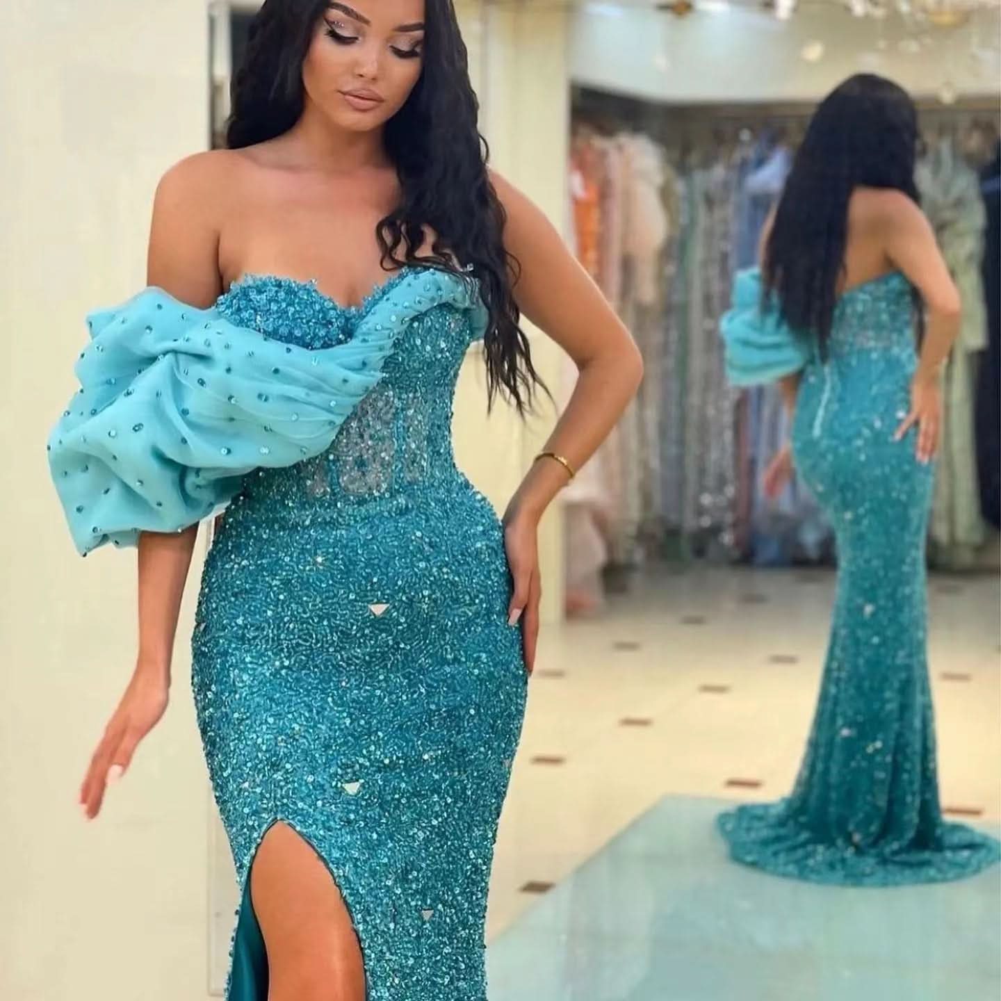 Gorgeous Off-The-Shoulder One Shoulder Sweetheart Mermaid Evening Dress with Sequins BM bride