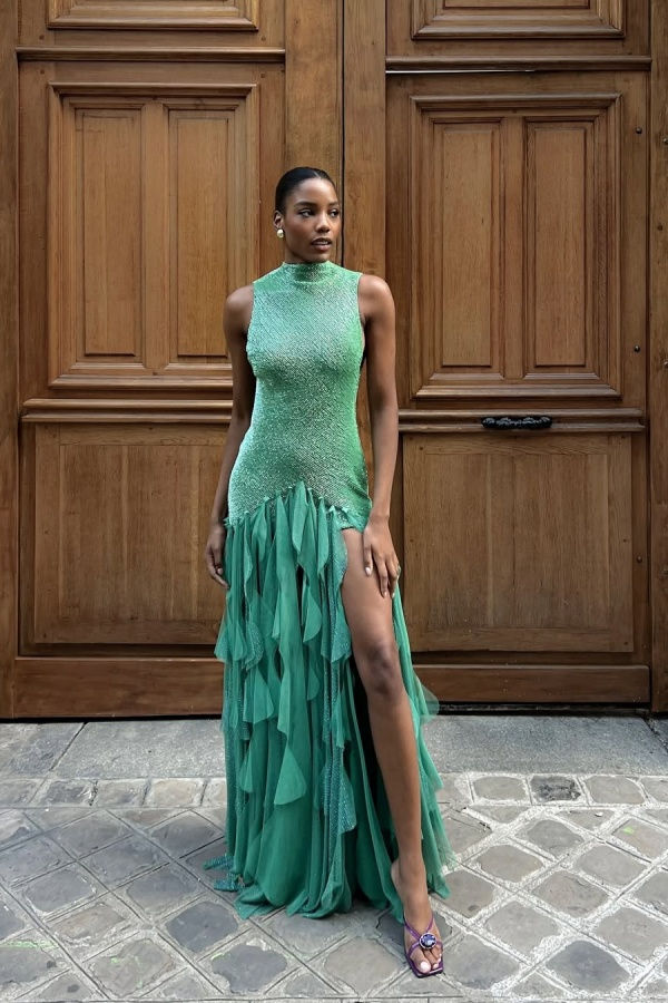 High Neck Sleeveless Long Mermaid Prom Dress With Split Ruffles