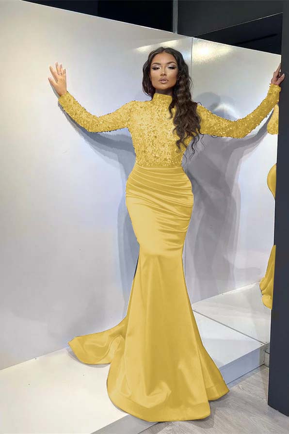 Classic Red Long Mermaid Prom Dress Pleated With Long Sleeves BMBRIDE