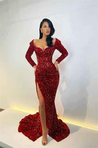 Mermaid Long Sleeves Long Prom Dress Sequins With High Split