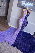 Purple Halter Beaded Sequins Mermaid Prom Dress With Appliques