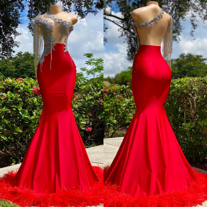 Classic Red One Shoulder Strapless Mermaid Prom Dress with Feather BM bride
