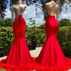 Classic Red One Shoulder Strapless Mermaid Prom Dress with Feather BM bride
