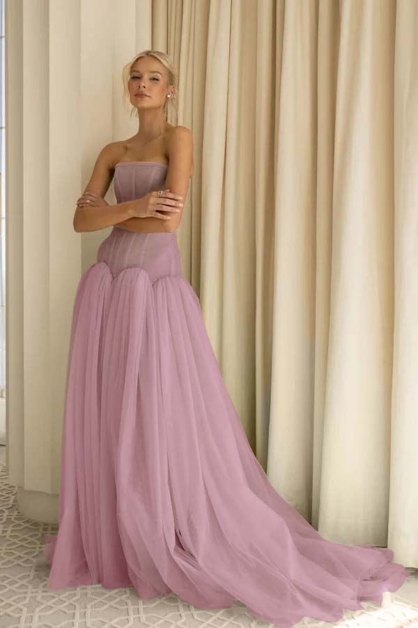 Charming Tulle Strapless Sleeveless Long Prom Dress With Pleated BMBRIDE