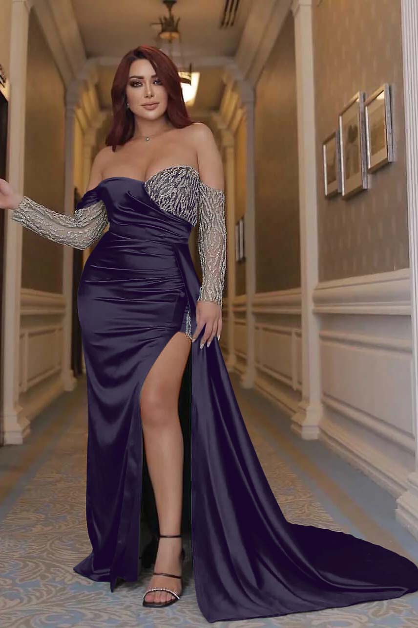 Sexy Emerald Green Off the Shoulder Long Sleeves Mermaid Prom Dress With Beading Split BMBRIDE