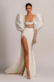 White Evening Dress Square Bubble Sleeves with High Split BM bride