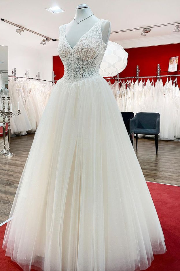 Unique V-Neck Princess Ivory Wedding Dress with Ruffles and Tulle Lace BM bride