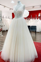 Unique V-Neck Princess Ivory Wedding Dress with Ruffles and Tulle Lace BM bride