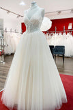 Unique V-Neck Princess Ivory Wedding Dress with Ruffles and Tulle Lace BM bride