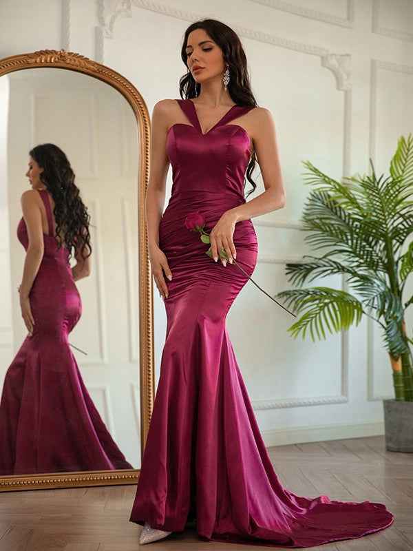Elegant Deep Red Sleeveless V Neck Mermaid Pleated Long Prom Dress