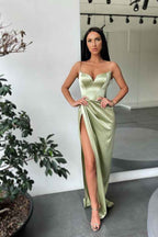 Mermaid Spaghetti Strap Sleeveless Pleated Long Prom Dress With High Split
