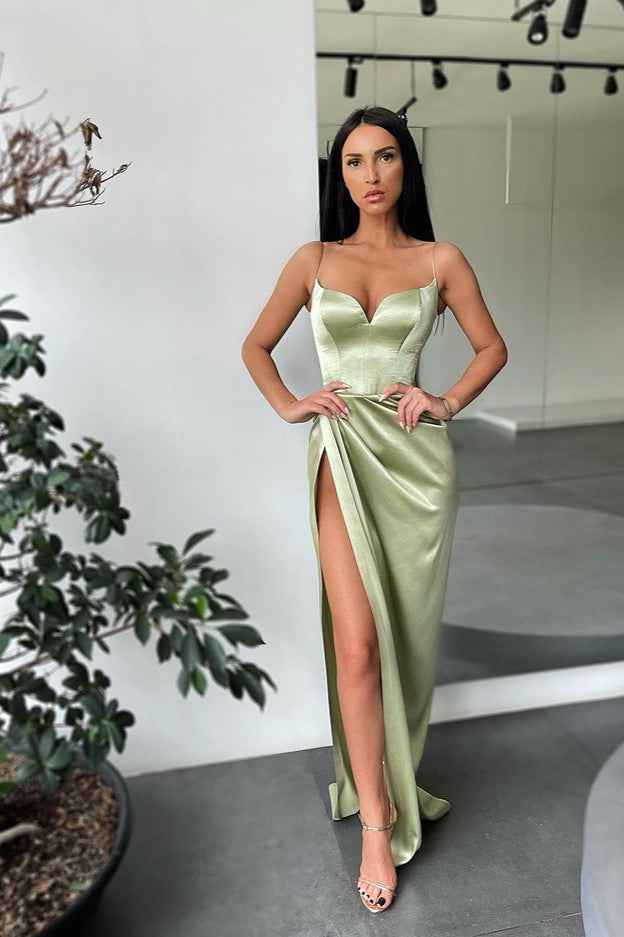 Mermaid Spaghetti Strap Sleeveless Pleated Long Prom Dress With High Split