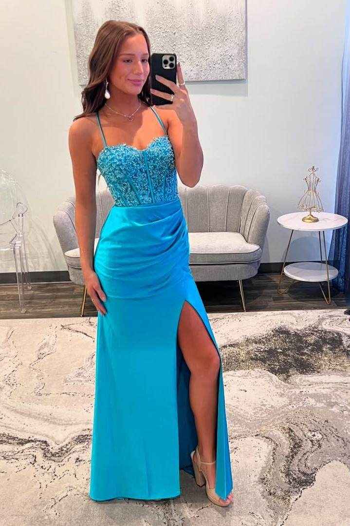 Spaghetti Strap Sleeveless Long Mermaid Prom Dress With Appliques