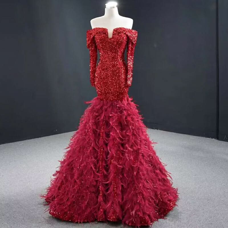 Fashion Red Sequin Prom Dress, Long Sleeves A-Line with Feather BM bride
