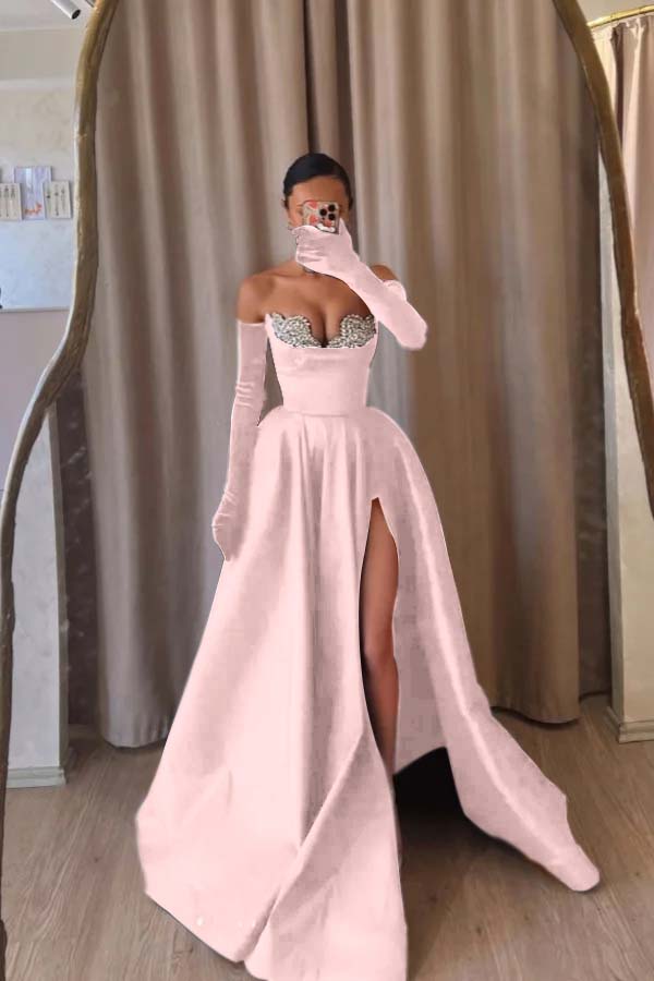 Strapless Sleeveless Long Split Prom Dress With Beading Long Gloves BMBRIDE