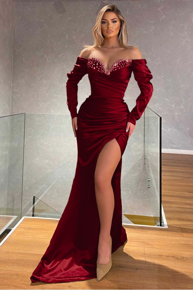 Off the Shoulder Long Sleeves Mermaid Long Prom Dress With Beading BMBRIDE