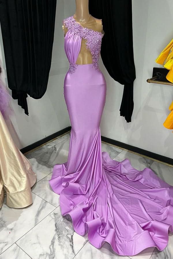 Elegant Purple Sleeveless One-Shoulder Mermaid Prom Dress BM bride