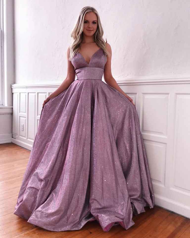 Spaghetti Strap V Neck Sleeveless Sequins Elegant Prom Dress With Pockets