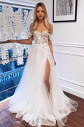 Boho Off-the-Shoulder White A-Line Wedding Dress with Lace BM bride