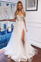 Boho Off-the-Shoulder White A-Line Wedding Dress with Lace BM bride