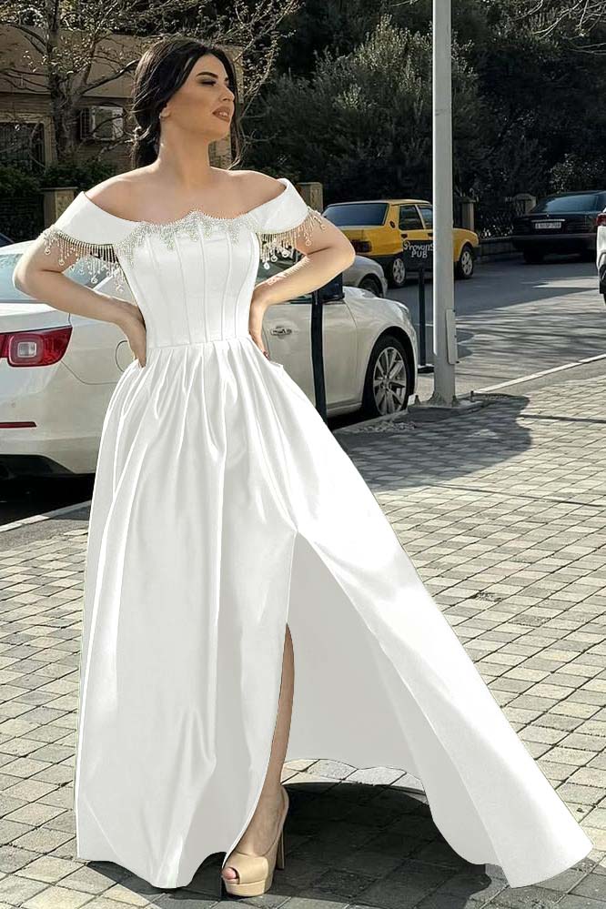 Off the Shoulder Sleeveless Long Split Prom Dress With Pleated Beading