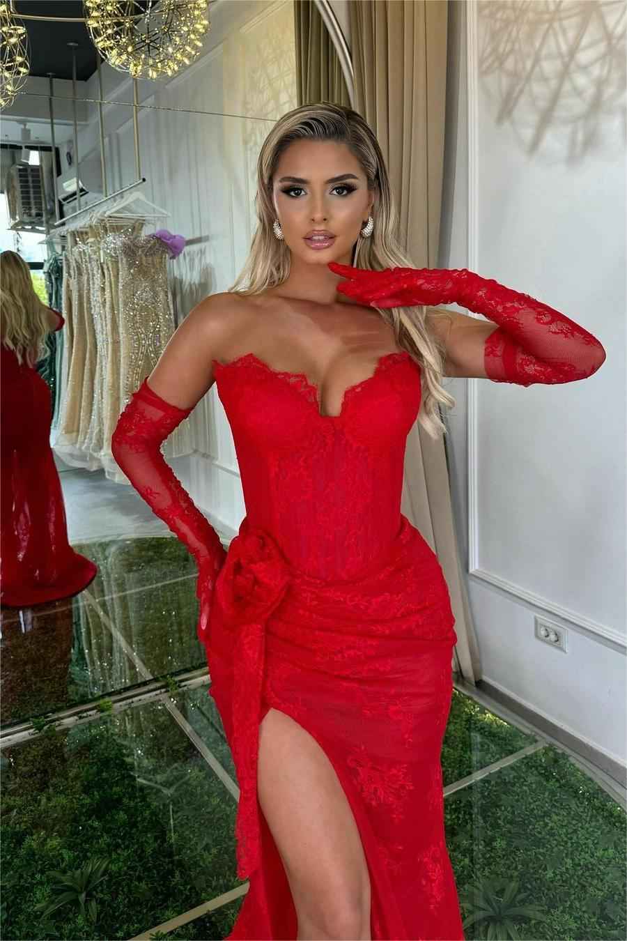 Red Strapless Split Sleeveless Mermaid Long Prom Dress With Long Gloves