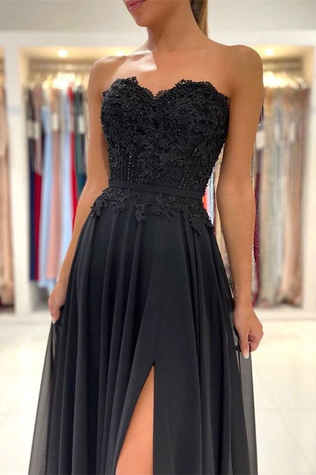 Black Sweetheart Prom Dress Appliques with Split BM bride