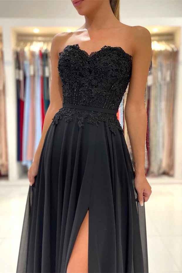 Black Sweetheart Strapless Sleeveless Split Long Prom Dress With Appliques