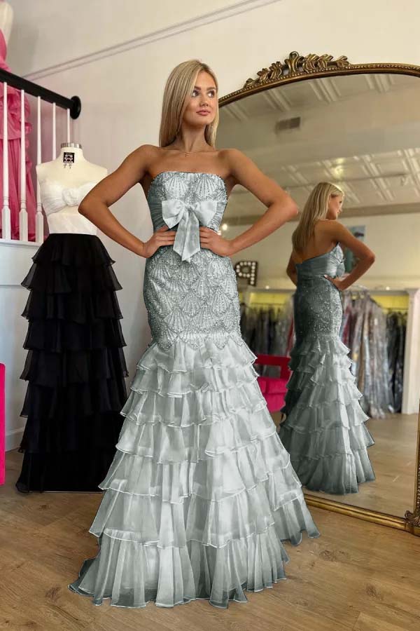 Strapless Sleeveless Long Mermaid Prom Dress With Beading Ruffle