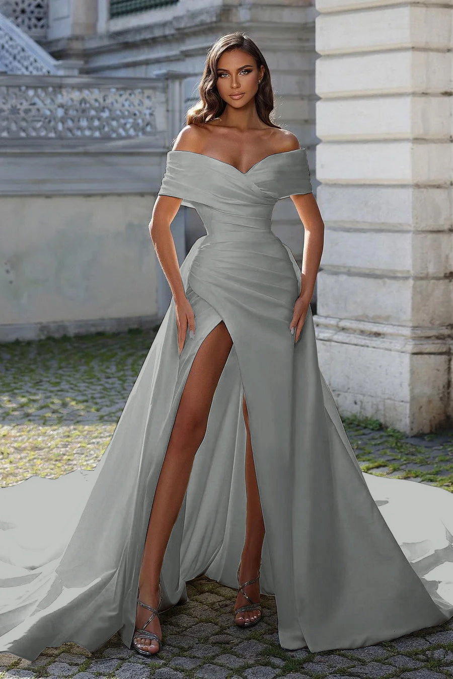 Off the Shoulder Sleeveless High Split Long Prom Dress With Pleated