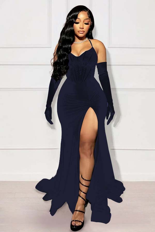 Halter Sleeveless Long Mermaid Prom Dress With Split Gloves BMBRIDE