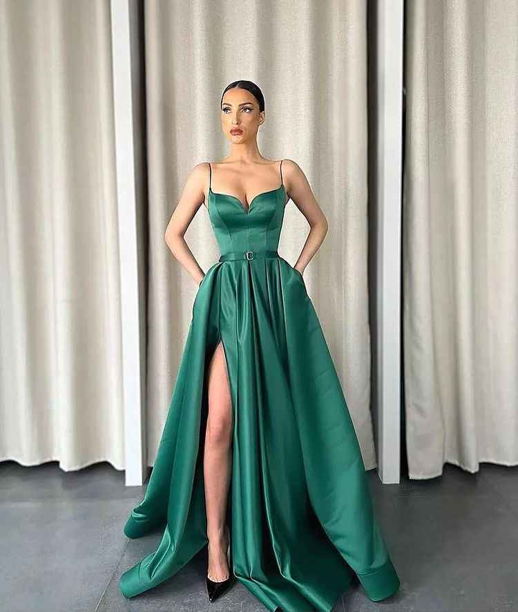 Dark Green Spaghetti Strap A Line V Neck Sleeveless Long Prom Dress With Split