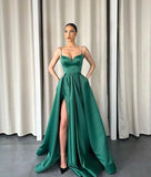 Dark Green Spaghetti-Straps V-Neck Long A-Line Prom Dress with Split BM bride