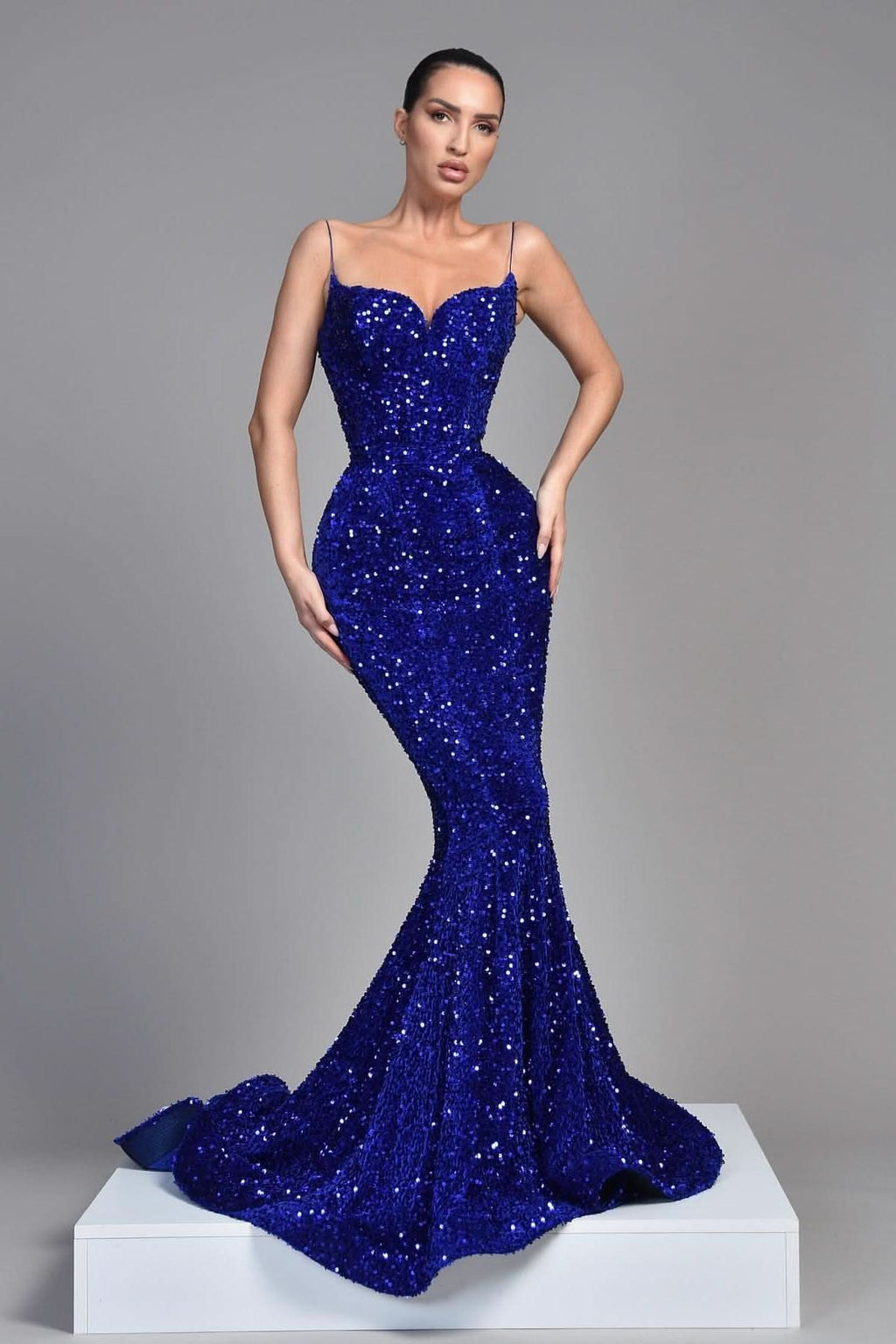 Royal Blue Sleeveless Spaghetti Strap Sequins Evening Dress BM bride