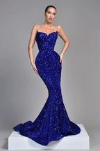 Royal Blue Sleeveless Spaghetti Strap Sequins Evening Dress BM bride