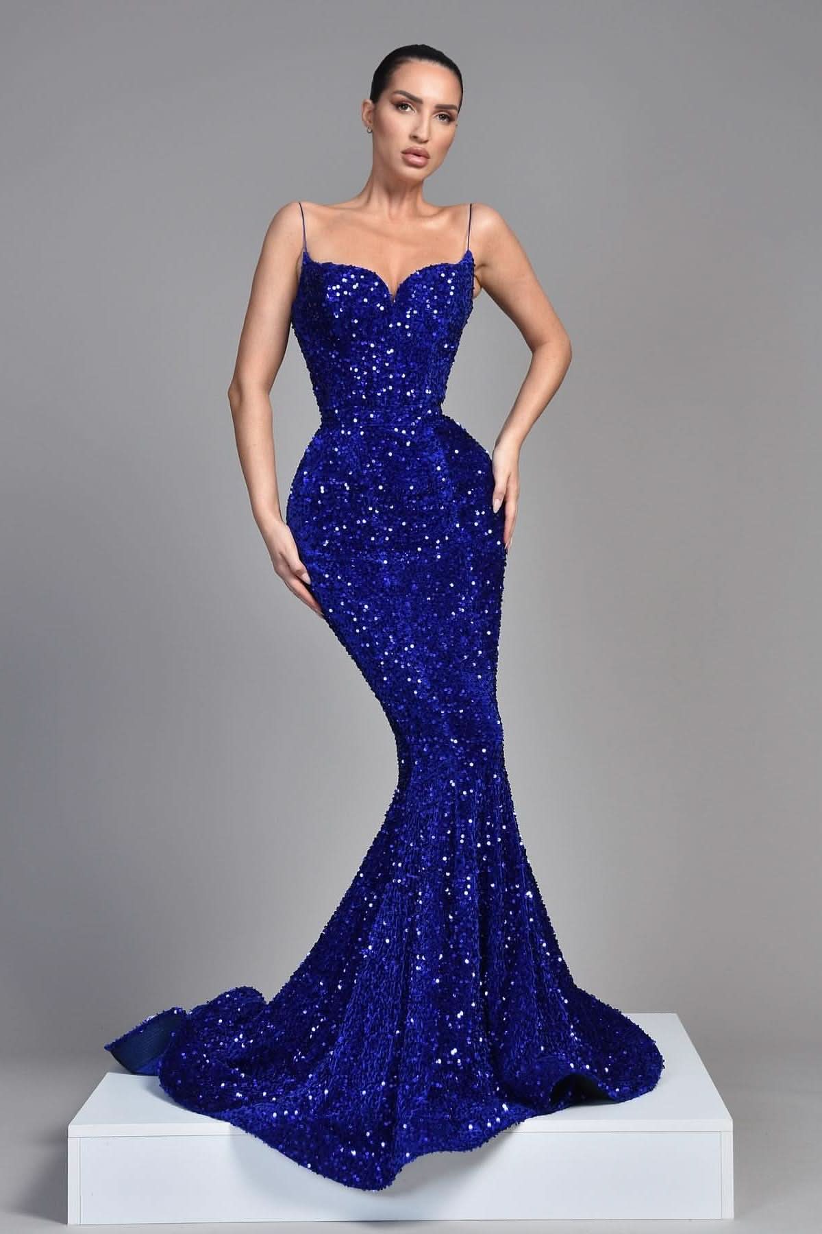 Royal Blue Sleeveless Spaghetti Strap Sequins Evening Dress BM bride