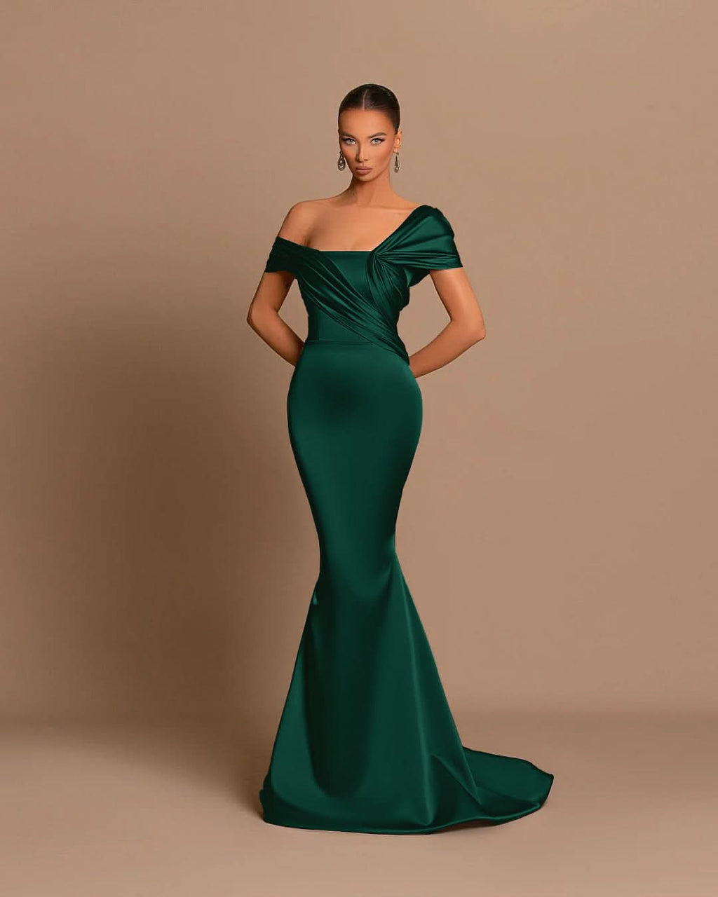 Grey Off-The-Shoulder Evening Dress Bateau Pleated Ball Gown BM bride