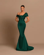 Grey Off-The-Shoulder Bateau Pleated Ball Gown Evening Dress BM bride