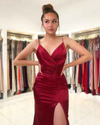 Burgundy Sleeveless Pleated Prom Dress Spaghetti Strap With Front Split
