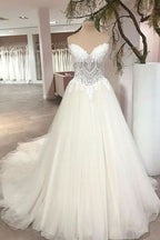 A-Line Sweetheart Backless Lace Floor-Length Wedding Dress with Tulle Appliques BM bride