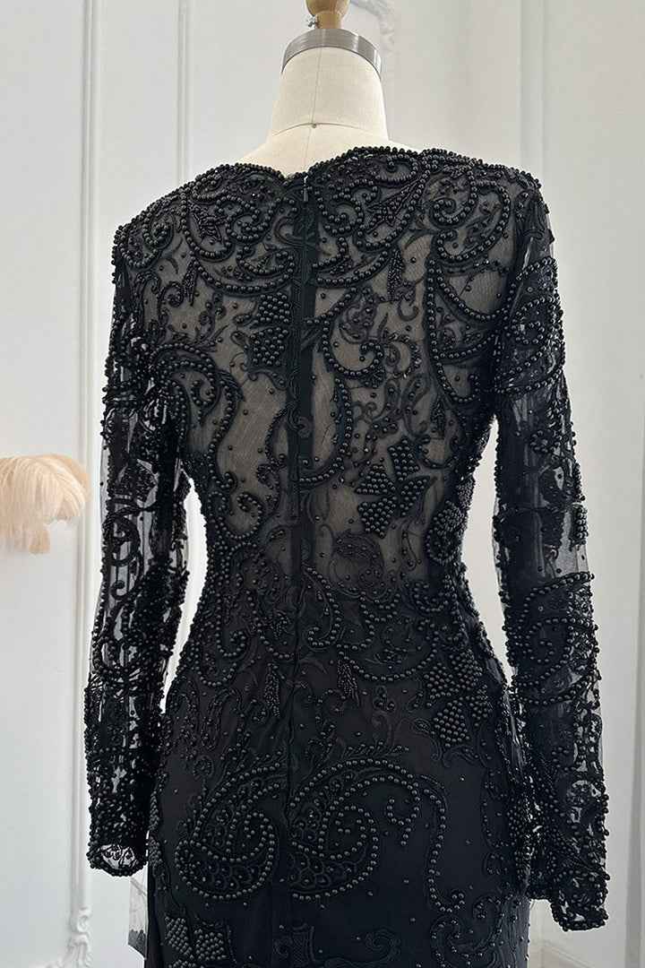 Black V Neck Mermaid Prom Dress Long Sleeves With Appliques Ruffles