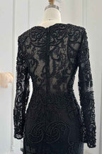 Black V Neck Mermaid Prom Dress Long Sleeves With Appliques Ruffles