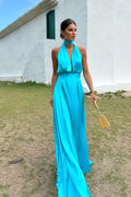 Charming Sleeveless Halter V Neck Long Prom Dress With Pleated BMBRIDE