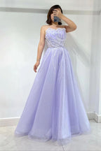 Lilac Strapless Sleeveless A-Line Tulle Prom Dress with Sequin Beads BM bride