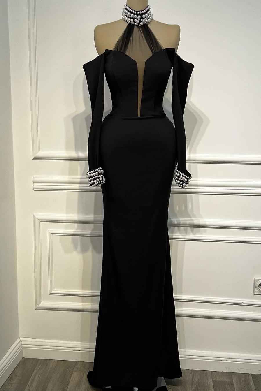 Halter Off the Shoulder Long Sleeves Mermaid Long Prom Dress With Beading