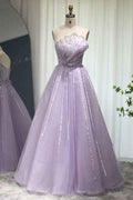 A Line Sleeveless Prom Dress Flower Strapless Tulle With Appliques Sequins