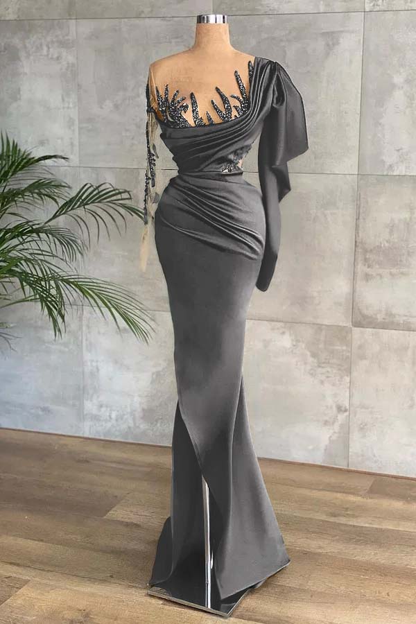 Green Long Sleeves Mermaid Side Split Prom Dress With Appliques BMBRIDE