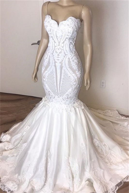 Sweetheart Long Mermaid Wedding Dress with Lace Appliques BM bride