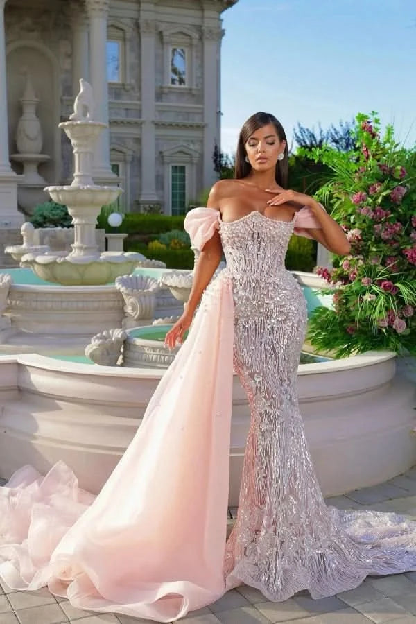 Luxurious Pink Off-the-Shoulder Beaded Long Mermaid Prom Dress BM bride